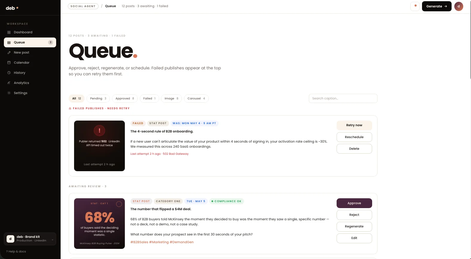 The Social Agent queue: drafted posts awaiting approval, with retry, reschedule, and regenerate controls
