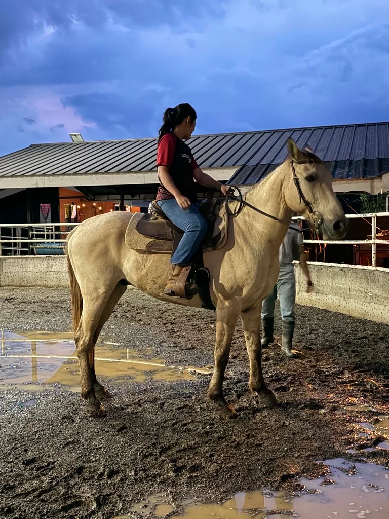 Deb on horseback at the riding arena