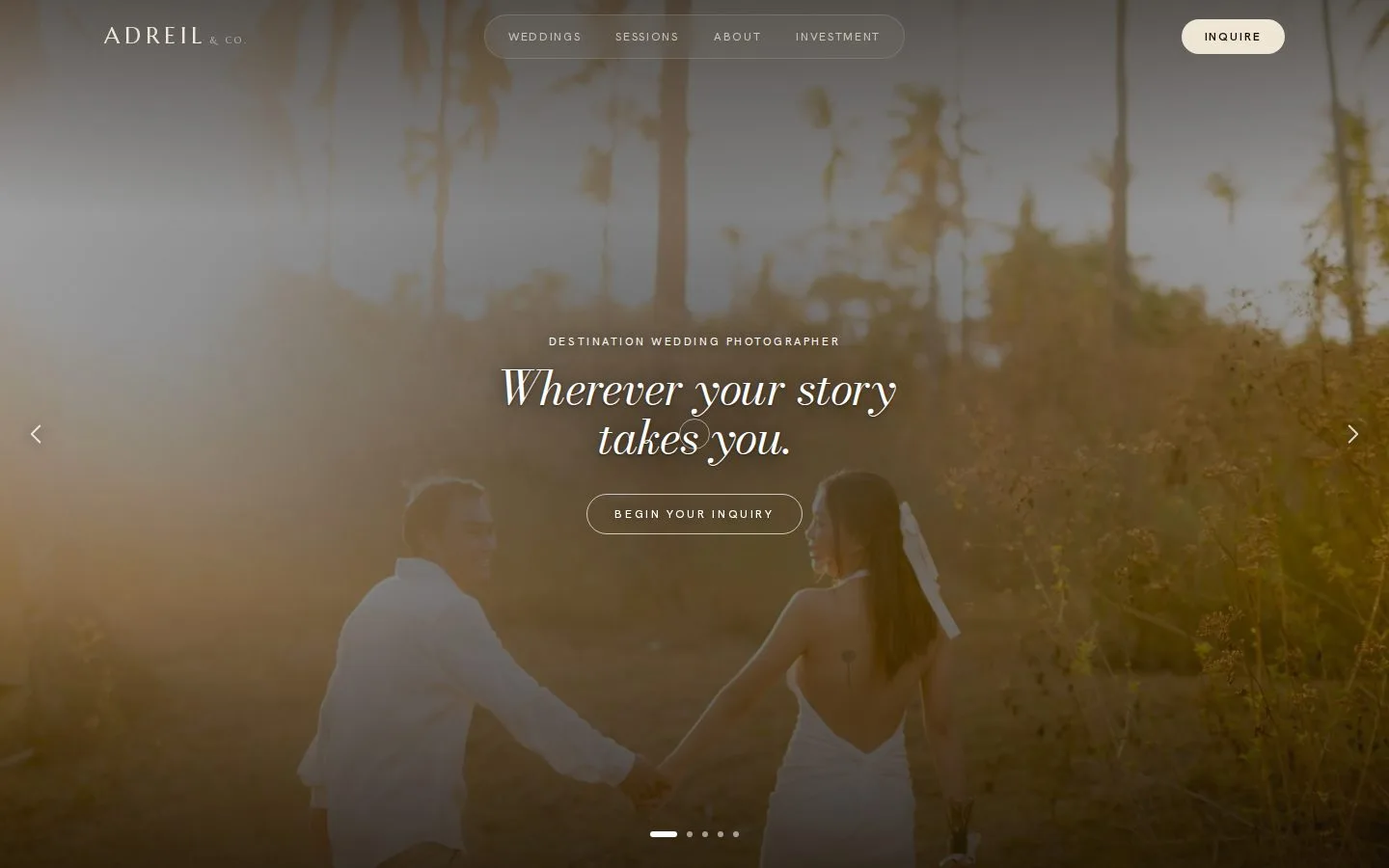The Adreil & Co. homepage: a cinematic golden-hour hero for a destination wedding photographer