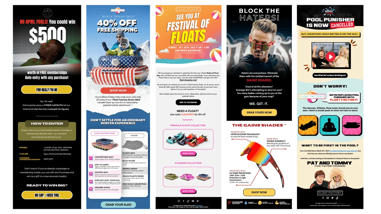 Five email campaign designs side by side
