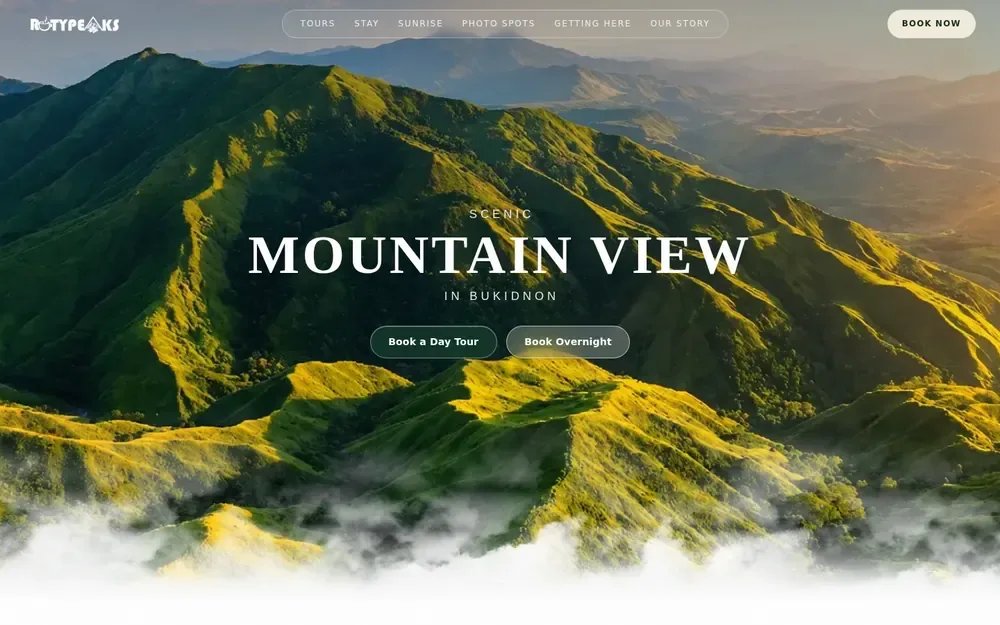 The RotyPeaks homepage: a scenic mountain view hero over a sea of clouds in Bukidnon