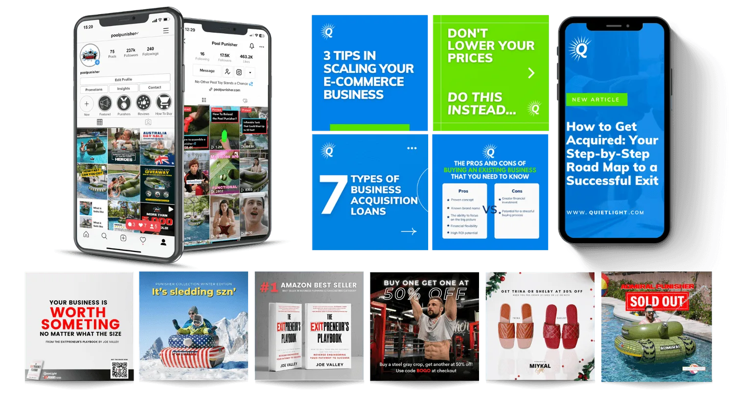 Grid of social media posts across multiple brands and platforms